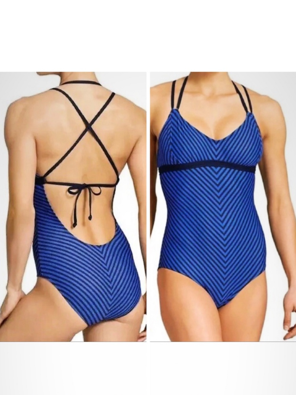 ATHLETA Avila Striped One Piece Adjustable Swimsuit Bathing suit Blue Black Sz M